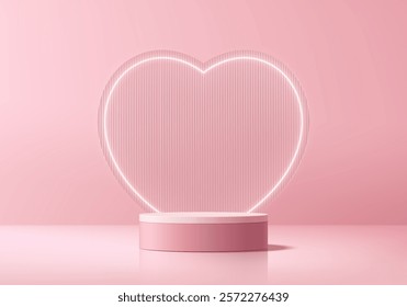 Valentine 3D pink podium background with heart shape backdrop. Abstract geometric composition in minimalist design. Studio display showroom stands product pedestal, Fashion stage showcase mockup scene