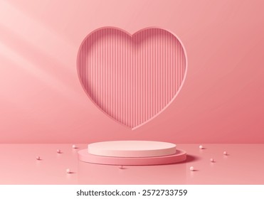 Valentine 3D pink podium background with heart shape window. Abstract geometric composition in minimalist design. Studio display showroom stands product pedestal, Fashion stage showcase mockup scene.