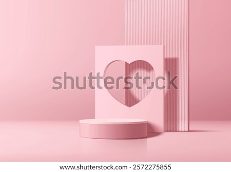 Valentine 3D pink podium background with heart shape backdrop. Abstract geometric composition in minimalist design. Studio display showroom stands product pedestal, Fashion stage showcase mockup scene