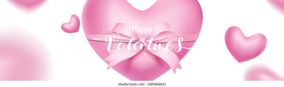 Valentine 3D pink Romantic Hearts shape flying and Floating tied by silk ribbon on pink background. symbols of love for Happy Women's, Mother's, Valentine's Day, birthday greeting card design
