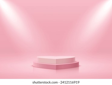 Valentine 3D realistic white and pink podium in heart shape with spotlight background. Pastel minimal wall scene mockup product display presentation. Vector geometric platform design. Stage showcase.