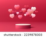 Valentine 3D red background with realistic pink cylinder pedestal podium, Floating flying hearts balloon. Minimal wall scene mockup product display. Abstract geometric forms. Round stage for showcase.
