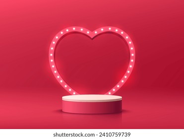 Valentine 3D red background with realistic cylinder podium, Neon light bulb on heart frame backdrop. Minimal wall scene mockup product display. Abstract geometric platforms. Round stage for showcase.