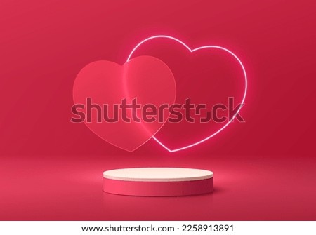 Valentine 3D red background with realistic pink cylinder pedestal podium, glowing neon light heart shape. Minimal wall scene mockup product display. Abstract geometric platforms. Round stage showcase.