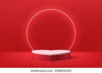 Valentine 3D red podium pedestal  heart shape with glowing neon ring background. Dark red minimal wall scene for cosmetics product display presentation. Vector rendering geometric platform design.