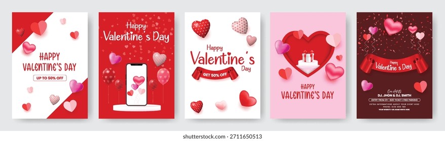 Valentine A4 Flyer Poster Template Set with Greeting and Invitation Cards, Modern Valentine design pack including A4 posters, leaflets, invitations, greetings, and vector background bundle