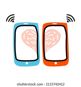 Valentine abstract doodle icon Virtual Love Wi-Fi. Internet Love, talk, chat, decoration, heart and vibes. Hand drawn, line art and flat vector Illustration for web, banner, card, sticker.