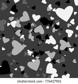 Valentine. Abstraction with hearts. Background with hearts. Black and white valentine. Black and white of different sizes on a gray background. Beautiful Postcard. Placer of hearts.