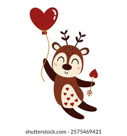 Valentine animal clipart. Cute deer clipart. Valentines day clipart in cartoon flat style. Hand draw vector illustration