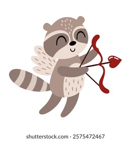 Valentine animal clipart. Cute raccoon clipart. Valentines day clipart in cartoon flat style. Hand draw vector illustration