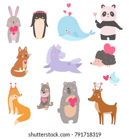 Valentine animals set with hearts in cartoon cute style