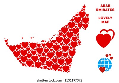 Valentine Arab Emirates map mosaic of red hearts. We like Arab Emirates map concept. Abstract vector area scheme is designed with red valentine items.