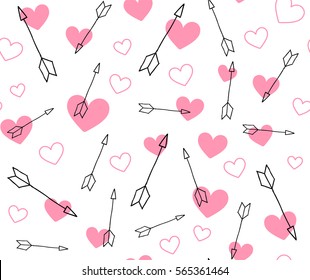 Valentine arrows and pink hearts vector pattern. Seamless hand drawn arrow background.
