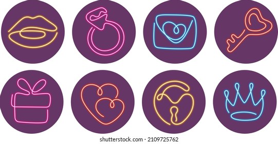 Valentine attributes neon sign set. Decorative icons for Valentine's day. Continuous line art style.