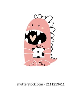 Valentine baby dino with heart and gift box.