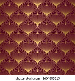 Valentine background. Art Deco hearts pattern. Seamless gold ornament on red square. Elegant lines vector illustration