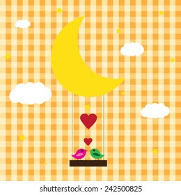 Valentine background bird and moon. Valentine's Day. Vector Illustration.