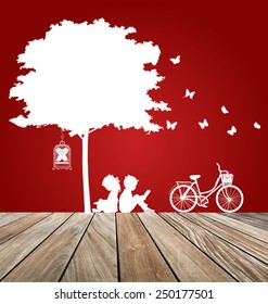 Antecedentes de San Valentín con niños leen un libro bajo el árbol. Ilustración vectorial.