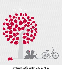 Valentine background with children read a book under tree. Vector Illustration.