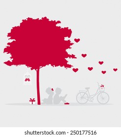 Antecedentes de San Valentín con niños leen un libro bajo el árbol. Ilustración vectorial.