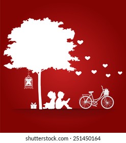 Valentine background with children read a book under tree. Vector Illustration.