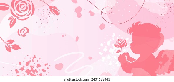 Valentine Background with Cupid and Roses. A Valentine's Day Celebration Banner in Pink Color.