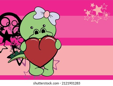 valentine background with cute crocodile girl character cartoon holding love red heart illustration in vector fomat