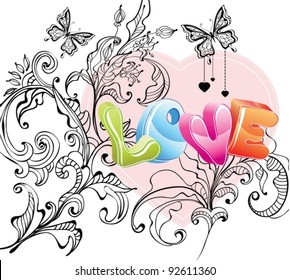 Valentine background with floral ornament and love over white, vector, EPS10