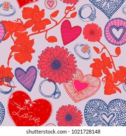 Valentine background, flowers and rings. Pattern design.