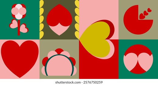 Valentine background of geometric shape. Heart vector for Valentines Day. Happy, vivid, colorful, love, geometry, romance, abstract, red and pink hearts concept for wallpaper, web, poster, and print.