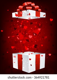Valentine background with gift and hearts. Vector paper illustration.