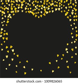 Valentine background with gold glitter hearts. February 14th day. Vector confetti for valentine background template. Grunge hand drawn texture. Love theme for gift coupons, vouchers, ads, events.