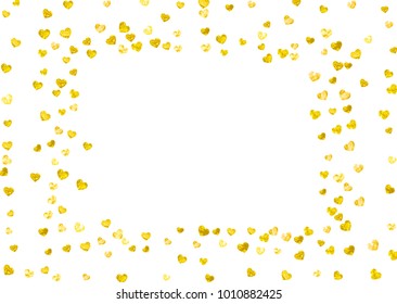 Valentine background with gold glitter hearts. February 14th day. Vector confetti for valentine background template. Grunge hand drawn texture. Love theme for gift coupons, vouchers, ads, events.