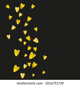 Valentine background with gold glitter hearts. February 14th day. Vector confetti for valentine background template. Grunge hand drawn texture. Love theme for party invite, retail offer and ad.