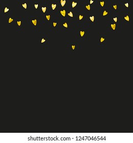 Valentine background with gold glitter hearts. February 14th day. Vector confetti for valentine background template. Grunge hand drawn texture. Love theme for gift coupons, vouchers, ads, events.