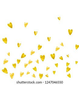 Valentine background with gold glitter hearts. February 14th day. Vector confetti for valentine background template. Grunge hand drawn texture. Love theme for voucher, special business ad, banner.