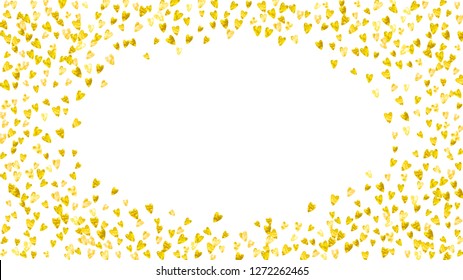 Valentine background with gold glitter hearts. February 14th day. Vector confetti for valentine background template. Grunge hand drawn texture. Love theme for gift coupons, vouchers, ads, events.