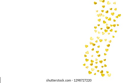 Valentine background with gold glitter hearts. February 14th day. Vector confetti for valentine background template. Grunge hand drawn texture. Love theme for voucher, special business ad, banner.