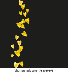 Valentine background with gold glitter hearts. February 14th day. Vector confetti for valentine background template. Grunge hand drawn texture. Love theme for voucher, special business ad, banner.