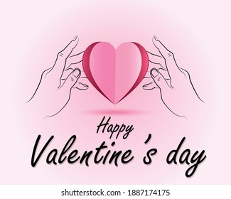 Valentine background with greeting message, layout of two hands holding paper cut pink heart shape, valentines day illustration vector, love concept and giving love