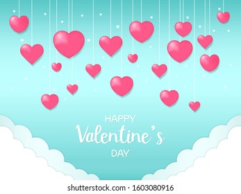 Valentine Background with hanging heart shape and cloud