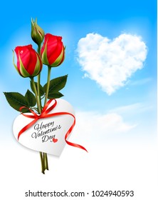 Valentine background with heart cloud and red flowers. Vector.