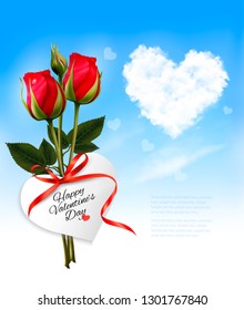 Valentine background with heart cloud and red flowers. Vector.