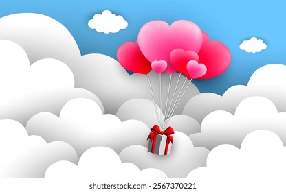 valentine background, heart shape balloons hanging gift boxes floating in the sky. paper art and digital craft style.