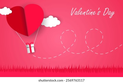 valentine background, heart shape balloons hanging gift boxes floating in the sky. paper art and digital craft style.