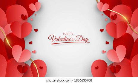 Valentine background with heart shape and gold lines 3d paper cutting style. vector illustration.
