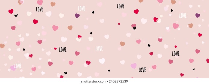 Valentine background with hearts, hand drawn elements in cartoon cute style. Flat design. Horizontal. Vector illustration.