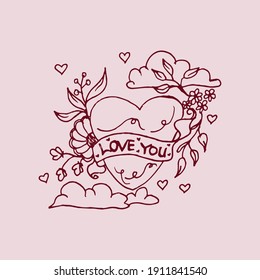 valentine background isolated on pink background. beautiful romance design template. hand drawn vector. flower and heart with lettering-LOVE YOU. wallpaper, cover, banner, poster, greeting card. 