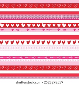 Valentine background, love, elegant, abstract, stripe, retro, vintage, wallpaper, pattern, red, pink, white, heart, arrow, lace, decoration, romantic, print, card, texture, flat style, vector. 