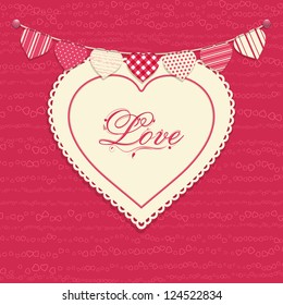 Valentine background with love heart on pink with 'love' message and bunting